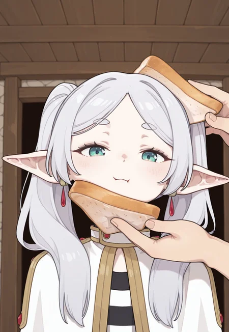 masterpiece,best quality,very aesthetic,absurdres, possmach, 1 girl, frieren, idiotsandwichalt, 1girl,1other, solo focus, holding food, bread slice, pov hands, upper body, looking at viewer,, cute