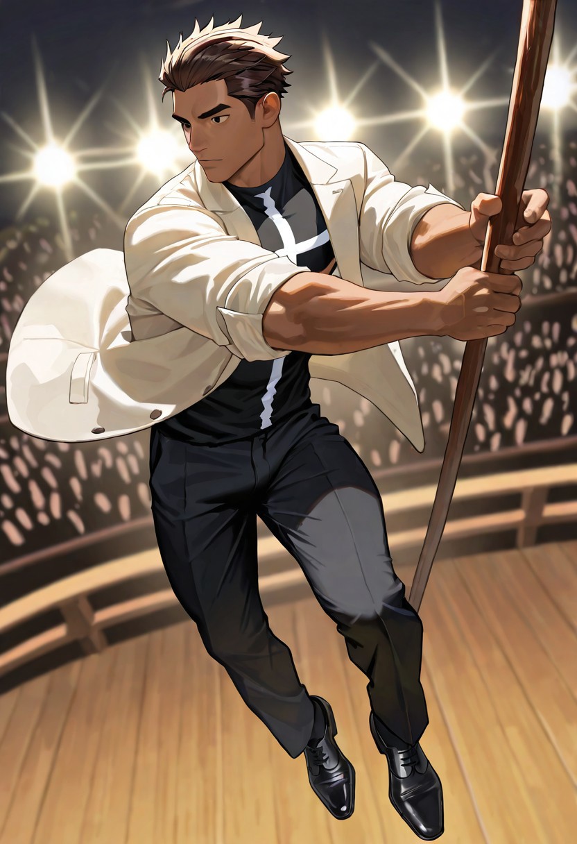 very awa, masterpiece, best quality, absurdres, newest, perfect quality, intricate details, realistic,
solo, male focus,
brown hair, ((slicked back hair)), (spiky hair),
brown skin, toned body, lithe body, wide shoulders, 
black eyes, 
(black undershirt with solid white cross print), (huge white cross print),
(plain white polo jacket), (rolled up sleeves), open jacket,
black trousers, black dress shoes,
wooden bo staff, brown staff
arena background, audience, 
dynamic lighting, dynamic angles, full body portrait, dynamic pose