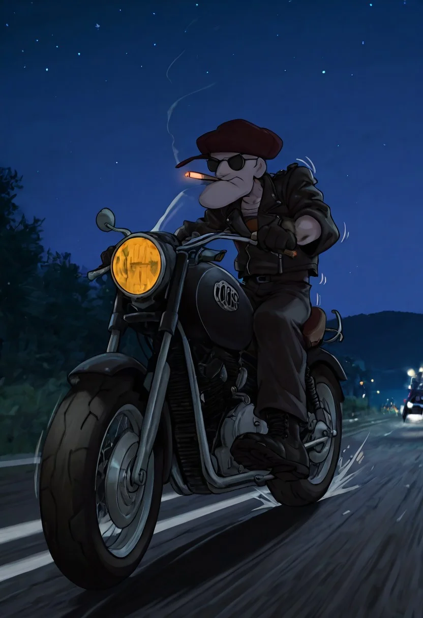 Masterpiece, best quality, absurdres, highest quality, solo, 1boy, Eustace, Bagge, black leather jacket, sunglasses, hat, combat boots, riding motorcycle, speeding, motion lines, biker, big motorcycle, Harley Davidson, detailed background, moonlight, night, lit cigar,