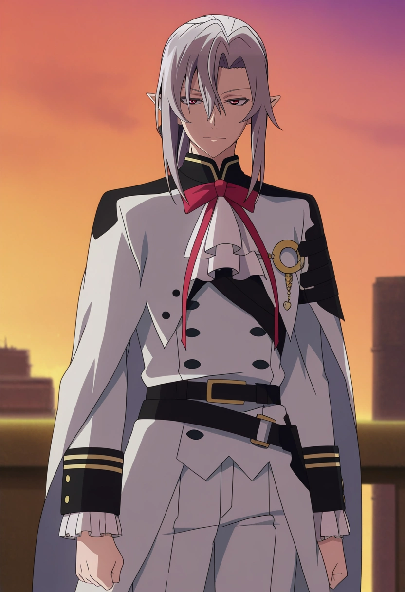 masterpiece, best quality, anime screencap, official style, anime coloring, cowboy shot, 1boy, solo, male focus, <lora:ferid_bathory_ilxl:0.92>, ferid_bathory, grey hair, red eyes, long hair, hair between eyes, pointy ears, ponytail, ,