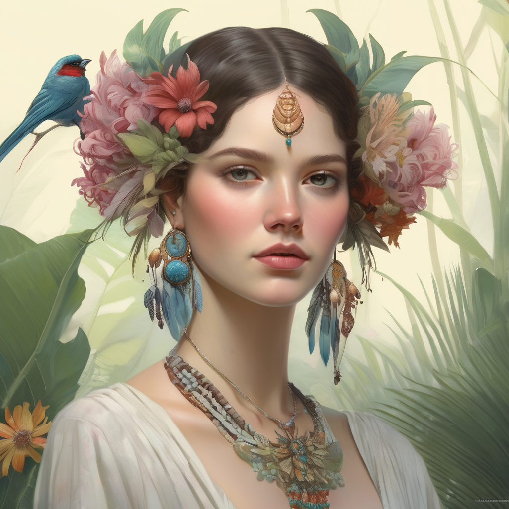 beautiful woman wearing fantastic hand-dyed cotton clothes, embellished beaded feather decorative fringe knots, colorful pigtail , subtropical flowers and plants, symmetrical face, intricate, elegant, highly detailed, 8k, digital painting,trending on pinterest, harperâs bazaar, concept, art, sharp focus, illustration, Tom Bagshaw, Lawrence Alma-Tadema, Alphonse Mucha