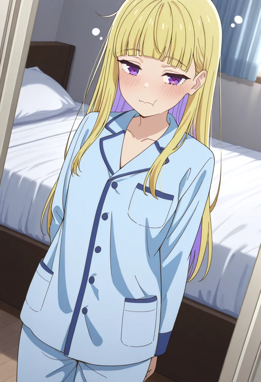 masterpiece,best quality,absurdres,perfect lighting,indoors,bedroom,bed,
*//*,<lora:HealerGirl_ReimiItsushiro-Illustrious:1>,reimi_itsushiro,1girl,solo,blonde hair,long hair,colored inner hair,purple eyes,blunt bangs,blue pajamas,blue shirt,collarbone,collared shirt,
*//*,looking at viewer,cowboy shot,dutch angle,dynamic pose,sleepy,embarrassed,closed mouth,