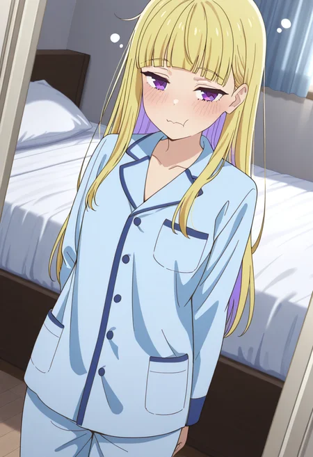 masterpiece,best quality,absurdres,perfect lighting,indoors,bedroom,bed,
*//*,<lora:HealerGirl_ReimiItsushiro-Illustrious:1>,reimi_itsushiro,1girl,solo,blonde hair,long hair,colored inner hair,purple eyes,blunt bangs,blue pajamas,blue shirt,collarbone,collared shirt,
*//*,looking at viewer,cowboy shot,dutch angle,dynamic pose,sleepy,embarrassed,closed mouth,
