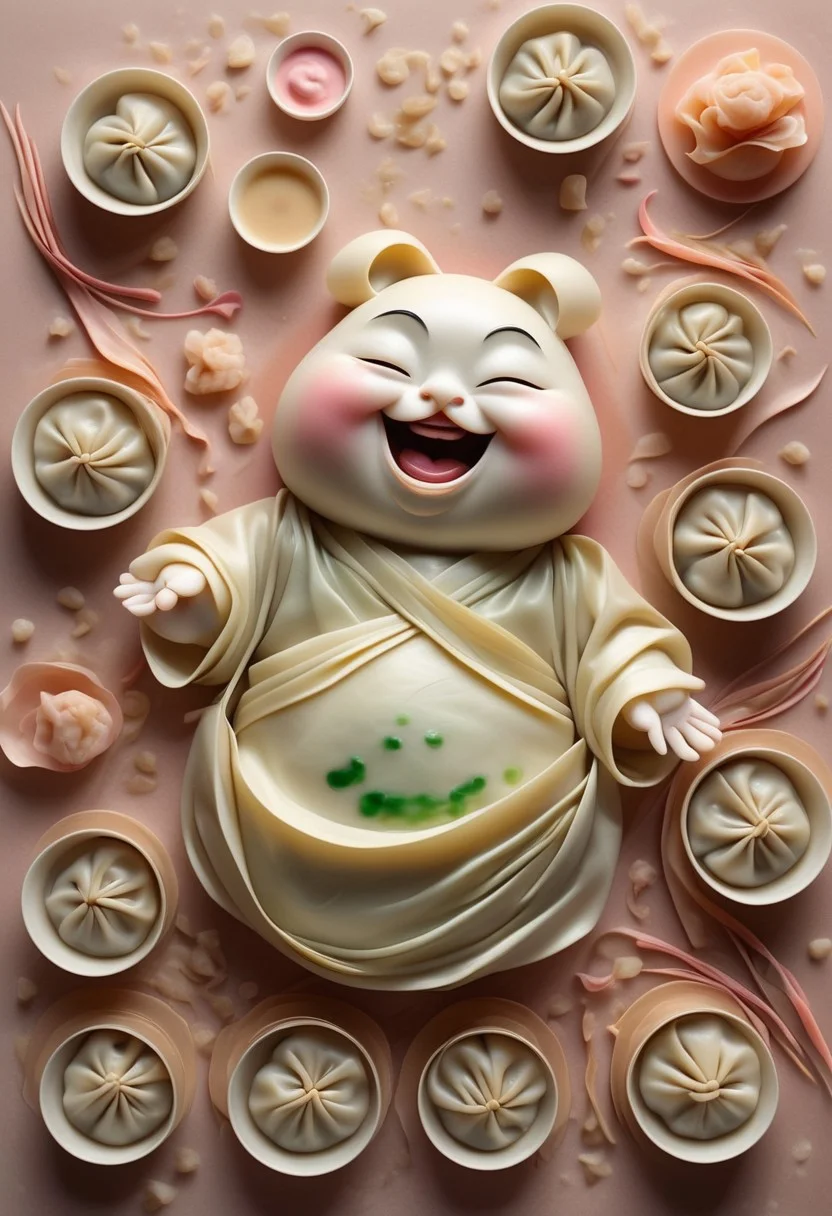 Portrait of a Dancing Dumpling, Abstract Satin Texture, Gradients of Steamed White, Ginger Pink, and Soy Brown, Eyes Twinkling with Joy, Surrounded by Floating Scallions and Tiny Sauce Bowls, Glossy Finish, Creating a Whimsical Dim Sum Dance Party