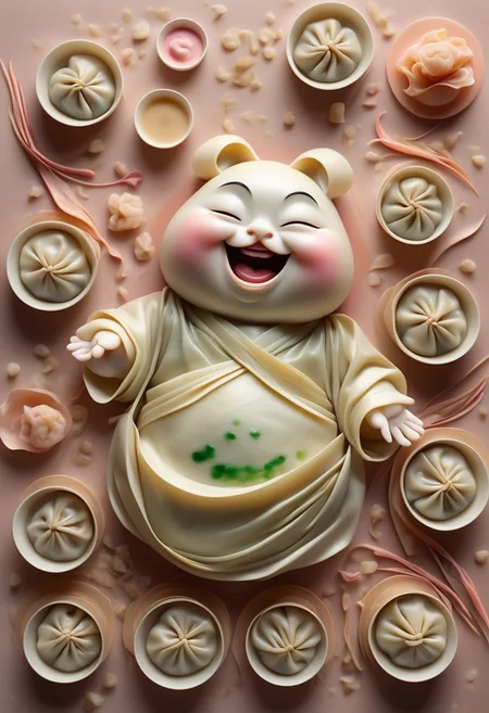 Portrait of a Dancing Dumpling, Abstract Satin Texture, Gradients of Steamed White, Ginger Pink, and Soy Brown, Eyes Twinkling with Joy, Surrounded by Floating Scallions and Tiny Sauce Bowls, Glossy Finish, Creating a Whimsical Dim Sum Dance Party