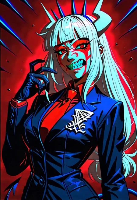 masterpiece, best quality, newest, absurdres, highres, anime, anime style, Kabuki-Makeup-IL.V1.0, makeup, facepaint, 1girl, lucifer \(helltaker\), black suit, red necktie, black collared shirt, black gloves, blunt bangs, demon horns, demon girl, demon tail, sharp teeth, red eyes, white hair, long hair