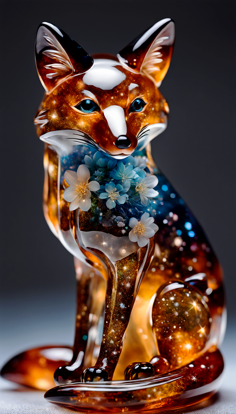 intricate transparent glass interstellar nebula fox statue made of galaxies, flora and fauna, hyper realistic, ultra detailed, elegant, beautiful, 1 tail