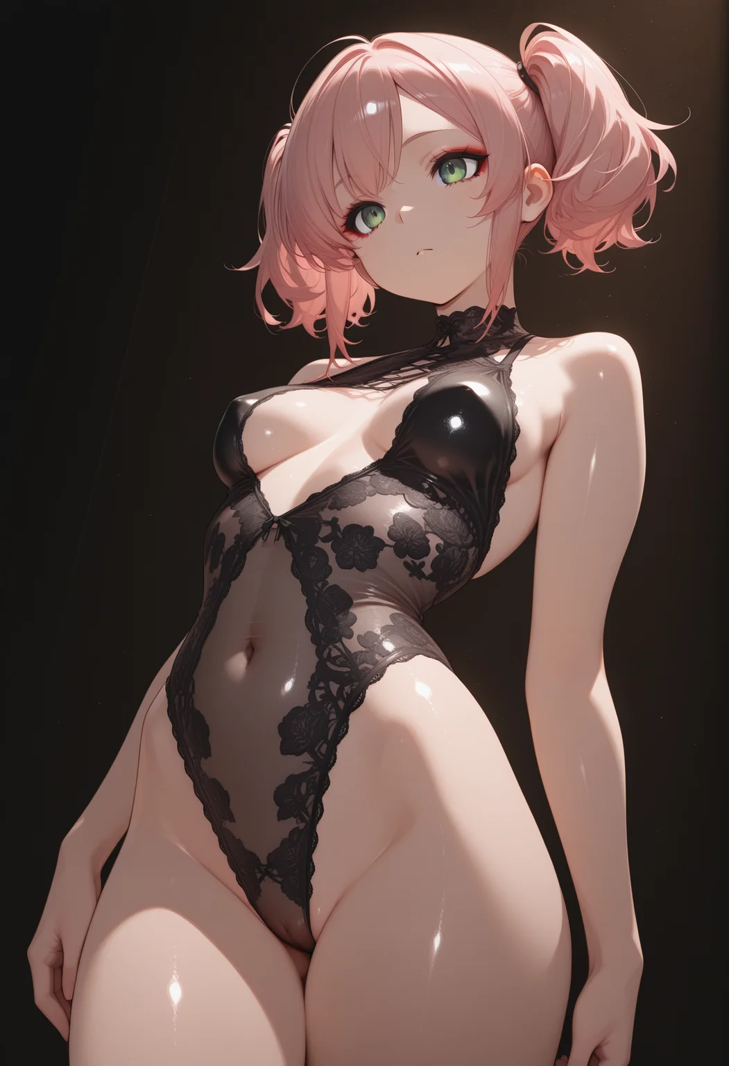 aesthetic, masterpiece, artwork, best quality, best, anime, detailed, detailed body, solo,  1girl, solo, sexy pixie, fair skin, perfect face, eyeliner, small boobs, long pink hair, bun, twintails, blunt fringes, green eyes, nude, shiny skin. nsfw, BREAK
black monokini lingrie,  BREAK
standing, volumetric lighting, cinematic lighting, dark monochrome background, contrast, low angle angle
 <lora:Monokini_Lingrie_XL__LoRA:1>