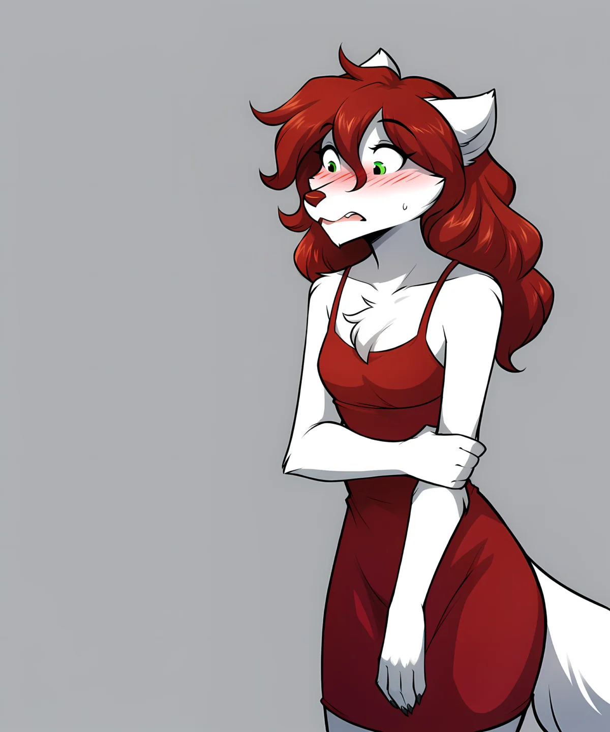 score_9, score_8_up, score_7_up,score_6_up,score_5_up, source_furry,
BREAK
solo, furry anthro female, small breasts, (simple background, grey background, surprised, blushing, nervous, ((looking to the side))), ((curvy)), red dress, sundress, thighs, grabbing own arm
BREAK
<lora:Rose-Twokinds-SDXL-AnonTK-V1:0.8> , rose-twokinds, keidran, mammal, wolf tail, green eyes, long hair