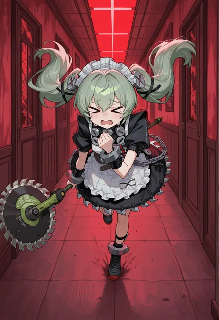 close-up, horror \(theme\), gritty, colorful, faux traditional media, red light, night XD, worried, 1girl, solo, long hair, green hair, twintails, screw hair ornament, maid, maid headdress, maid unifrom, screw, apron, wristbands, shackles, short sleeves, puffy sleeves, belt, chain, holding weapon, XD, tears, worried, indoors, hallway, running, full body <lora:corin_illus:1> incoming attack, polearm, circular saw, standing, swinging, masterpiece, best quality, amazing quality, very aesthetic, absurdres, highres, newest