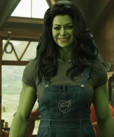 green skin, A full-body depiction of a ohwx woman with long hair, an alluring ((dungaree dress:1.9)), a meticulously designed outfit, a mesmerizing smile, looking at the viewer, 4k, ultra high res <lora:SHEHULK_SDXL-000005:0.75>