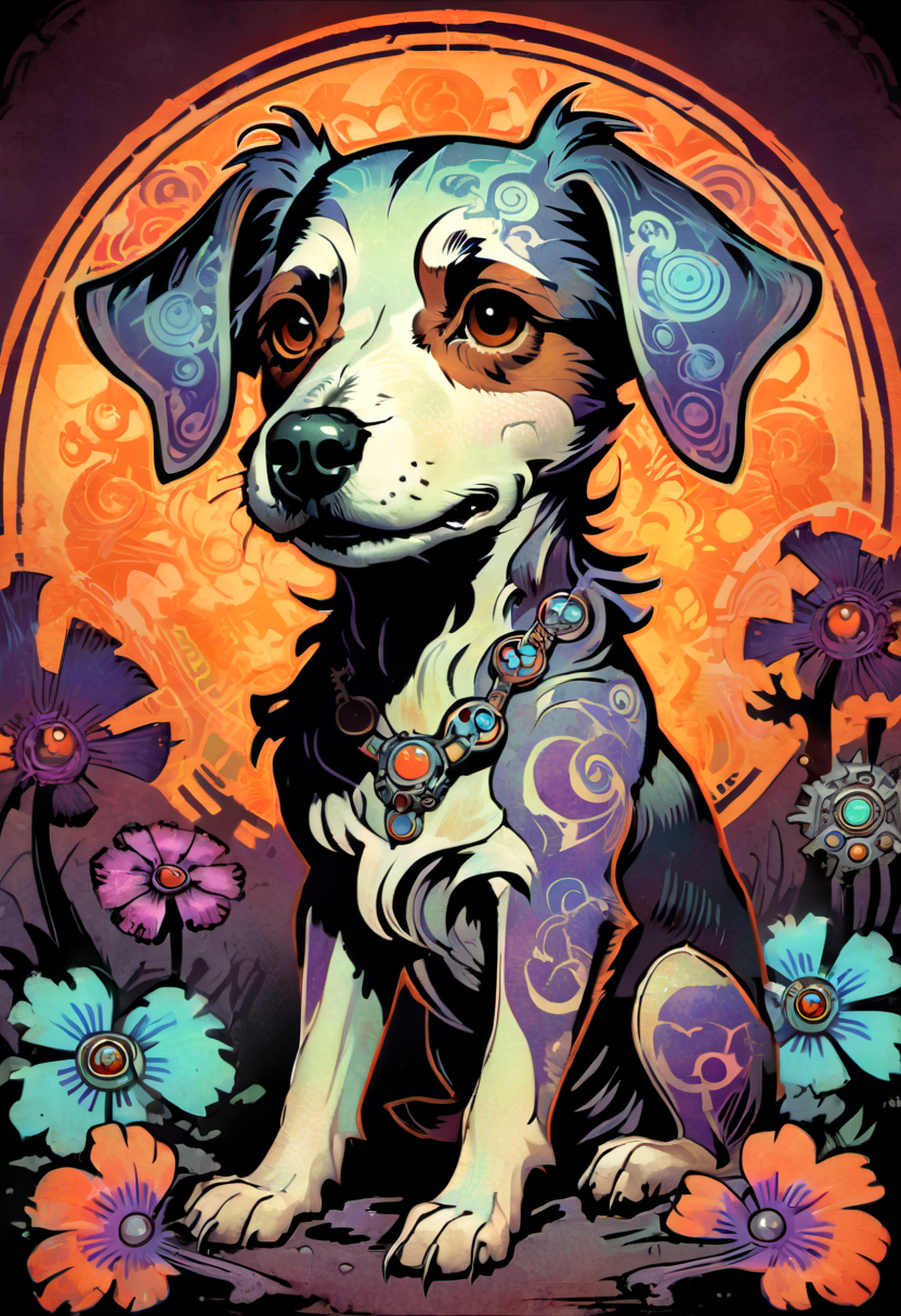 ccxl-mucha, art style, dog, Psychedelic art drdjns style, comic book artwork in dgst artstyle  <lora:ccxl-mucha_lora_vA1:0.75> <lora:drdjns:0.75>  <lora:SDXL1.0_Essenz-series-by-AI_Characters_Style_DarkestDungeonChrisBourassa-v1.1:0.95>