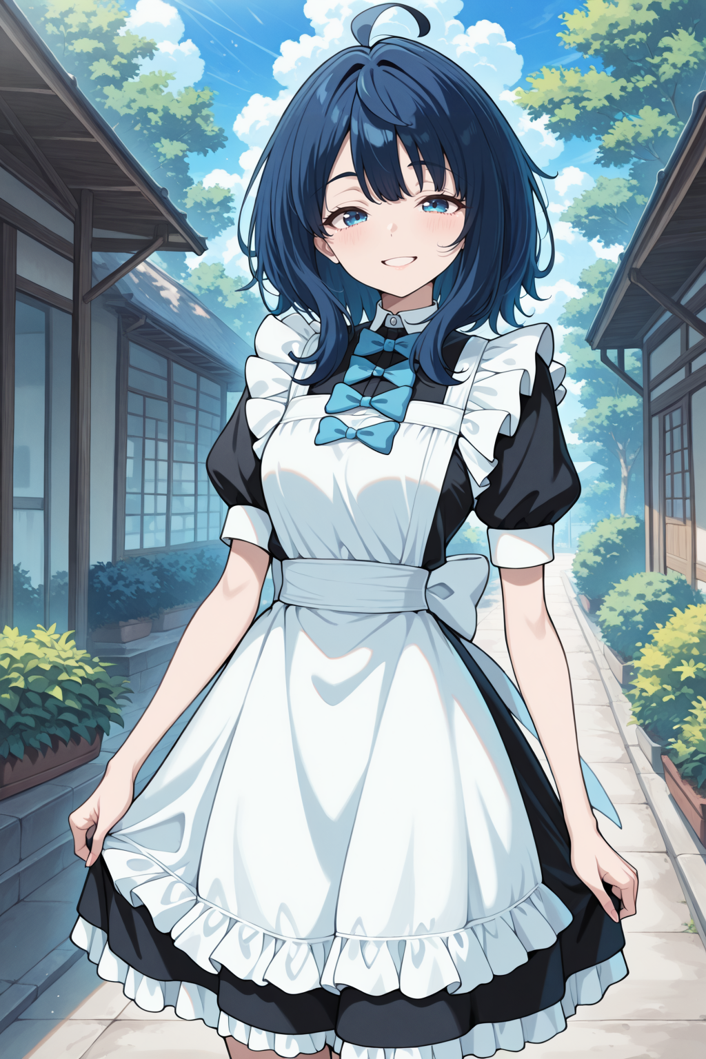 1girl,(solo),anime,masterpiece, best quality, amazing quality, very aesthetic, absurdres, newest, scenery, <lora:Diana_epoch_2:1>, blue hair, medium hair, ahoge, blue eyes, skinny, maid,looking at viewer, smile,