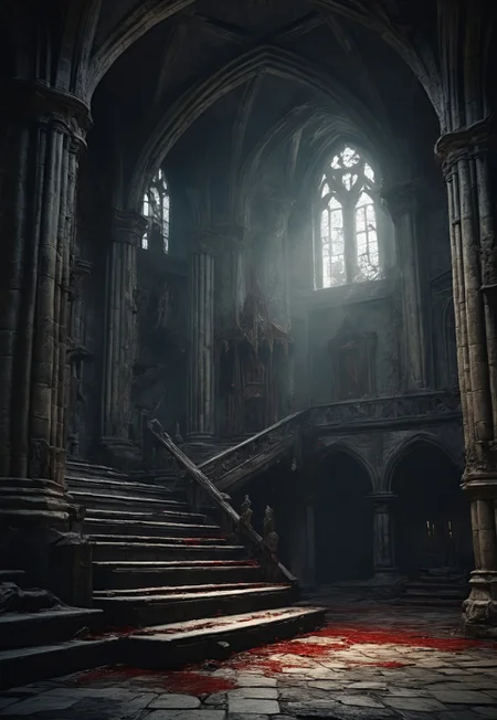 Blame by Tsutomu nihei, no humans, scenery, stairs, window, indoors, sunlight, pillar, arch, church, column, blood, on tiles, bones, bats easynegative, deepnegative_v1_75t