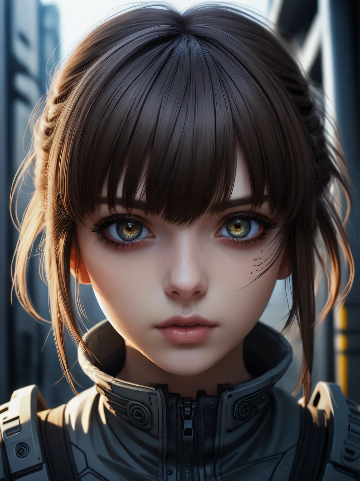 masterpiece, anime, very detailed, dystopian, (beautiful eyes), (bangs), brunette, Woman, detailed face, detailed skin,