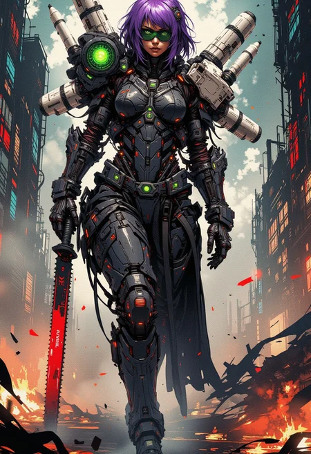 Full body view, long boots heels, A digital painting in the style of ck-js, nistyle, smoke mask, Green Glass with data and target in lens, black Full roman armor with two white four mechanical arms, missile launcher in shoulder like a mecha, hold red chainsaw Blade, purple short Bob hair, like eyes, Black lips with gloss, tan skin, large breasts, muscular, Far view