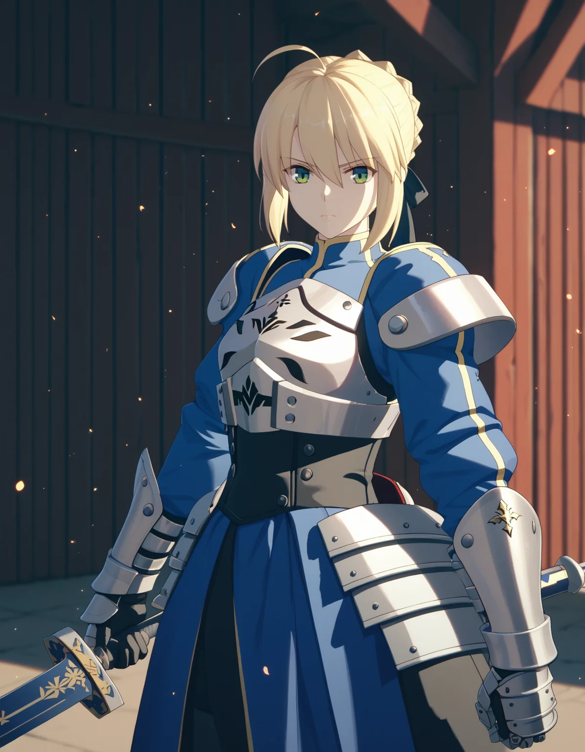 score_9, score_8_up, score_7_up, <lora:zzz-pack-v4-ponyxl:0.85> 1girl, saber, artoria pendragon \(fate\), armor, serious, holding sword, sunbeam, shed, light particles