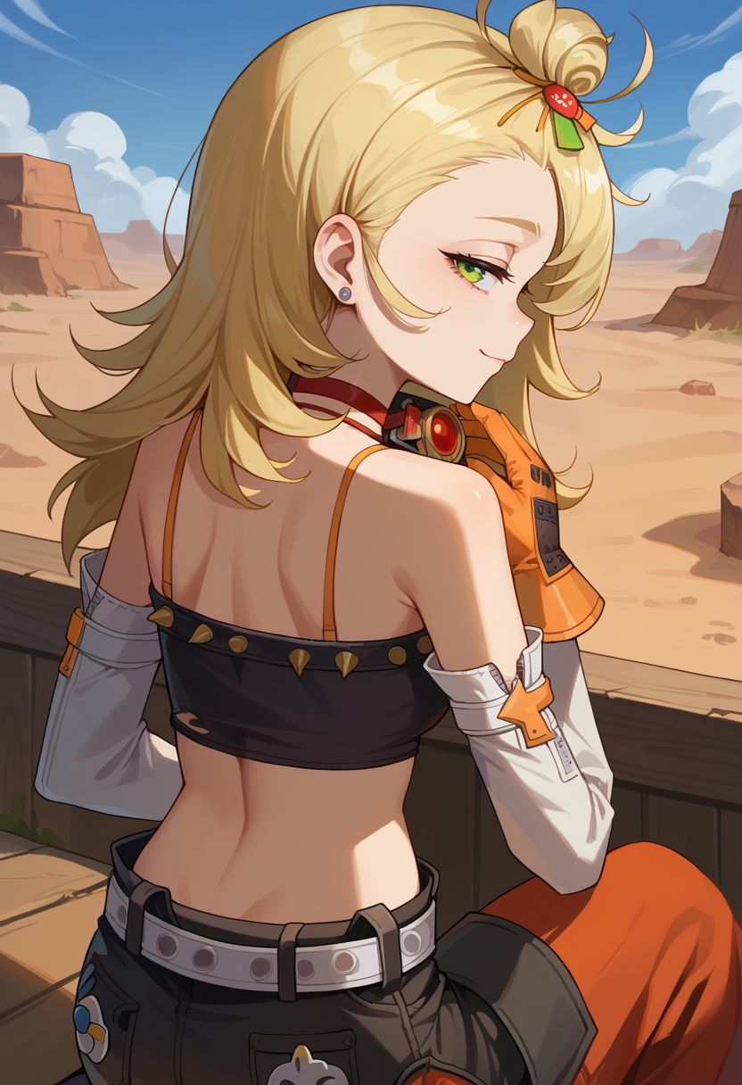 score_9, score_8_up, score_7_up, source_anime, 1girl, piperdef, green eyes, half-closed eyes, sleepy, blonde hair, long hair, hair ornament, earrings, jewelry, choker, goggles around neck, bare shoulders, crop top, midriff, navel, detached sleeves, orange gloves, belt, black shorts, short shorts, orange pants, kneeling, wariza, smile, closed mouth, looking at viewer, outdoors, desert, portrait, close-up, upper body, from behind, back, looking back, <lora:Piper_v1-000010:1>