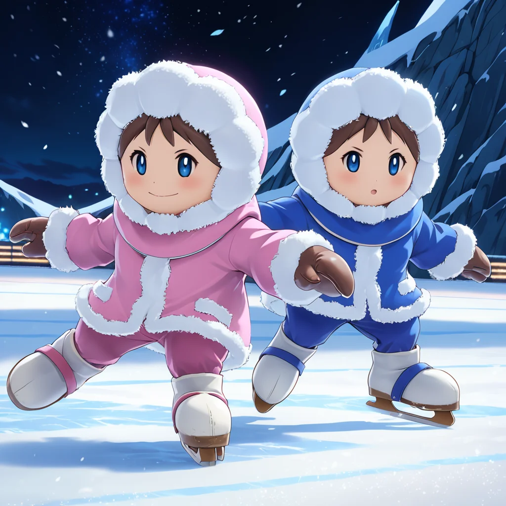 <lora:IceClimbersXL:0.6> iceclimbersxl, twins, ice skating, pink coat, blue coat, (anime, masterpiece, intricate:1.3), (best quality, hires textures, high detail:1.2), (4k),(incredibly detailed:1.4),UHD, 8K, ultra detailed