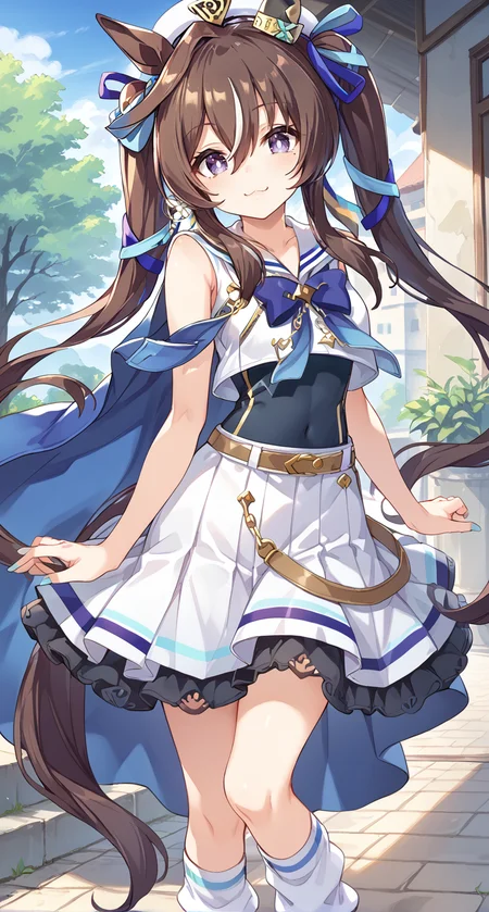 score_9,score_8_up,score_7_up,
official art,official style,game cg,megami magazine,
uncensored,
1girl,
vivlos (umamusume), viv race,
anchor necklace, animal ears, belt, beret, covered navel,
earrings, fingernails, hair between eyes, hair ornament, hat, highres,
horse ears, horse girl, horse tail, jewelry, mole, mole under eye,
necklace, tail, twintails, brown belt, brown hair, long hair,
pleated skirt, purple eyes, sailor collar, sailor shirt, shirt, skirt, sleeveless, sleeveless shirt, white shirt, white skirt,
violet eyes, blue cape, cape, ribbon, ear covers, multicolored hair,
single ear cover, streaked hair, blue ribbon, hair ribbon, loose socks, socks,
standing,
<lora:umamusume_vivlos_pony_v1:1>,