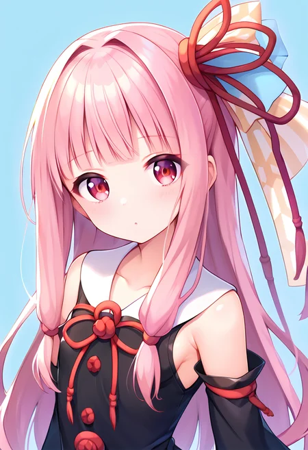 score_9, score_8_up, score_7_up, score_6_up, score_5_up, score_4_up, source_anime,
BREAK,
<lora:kotonoha_akane_ponyXL_v1:1> kotonoha akane, pink hair, long hair, red eyes, standing, looking at viewer, simple background, black dress, detached sleeves, hair ribbon, sidelocks, blunt bangs,