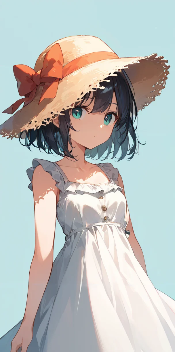 score_9, score_8_up, score_7_up,source_anime, high res image,masterpiece,best quality,girl,cute face,clear skin,shiny hair,ultra detailed eyes,simple background , <lora:straw hat_pony_V1.0:0.8> straw hat, hat ribbon,dress