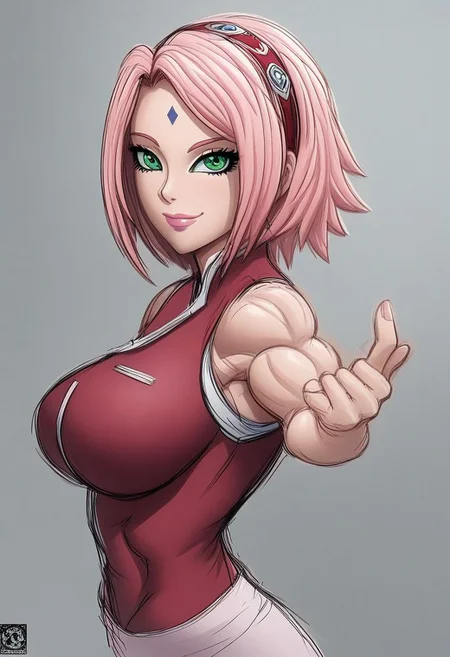, tendency for black and white, doodle, hard lines, 1girl , sketch of beautiful gorgeous haruno sakura, light pink hair, green eyes, pink lipstick , forehead mark, hairband, smile , slight smirk  fit body, abs , random pose , indoors   ,  large breast,  masterpiece, best quality, very aesthetic, absurdres ,novuschroma54 style , ScribbleRay