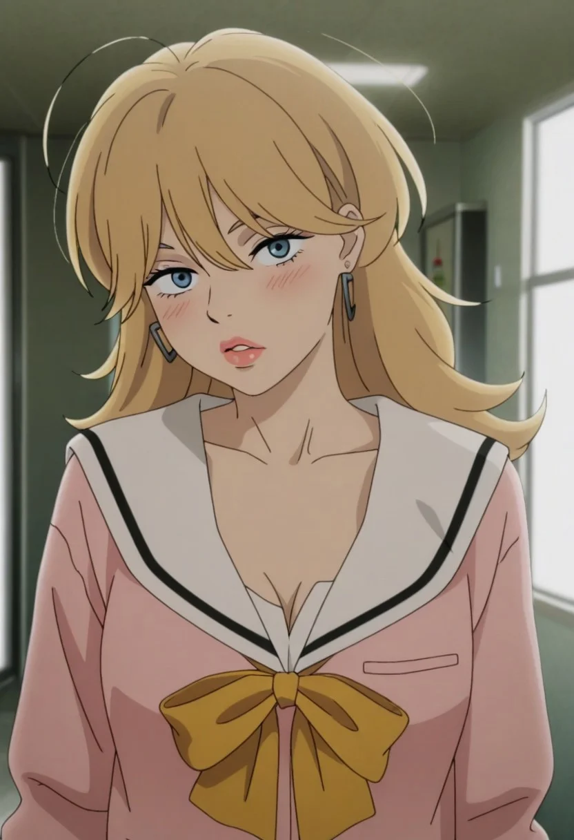 masterpiece, best quality, amazing quality, 1girl, solo, makeup, general, looking at viewer, blush, highres, workoutfit1, 1girl, long blonde hair, bangs, messy hair, blue eyes, medium breast, cleavage | sks-school uniform
