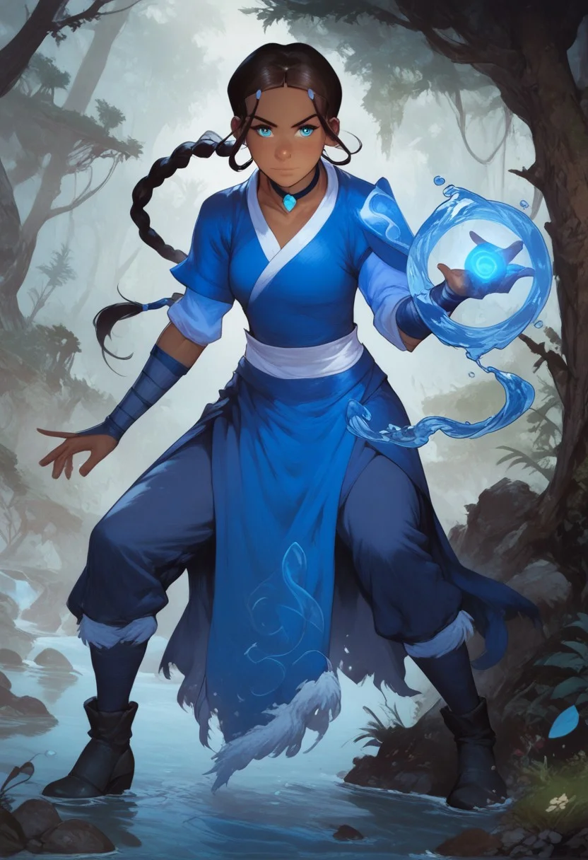score_9, score_8_up, score_7_up, score_6_up,
katara, 1girl, solo, black hair, blue eyes, dark skin, hair ornament, braided ponytail, blue dress, black legwear, boots, water magic, fantasy, river, forest, rocks, dark-skinned female, perfect eyes, beutiful eyes, perfect quality, high quality, photorealistic
