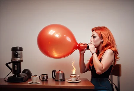 Coffee machine, score_9, score_8_up, score_7_up, score_6_up, score_5_up, score_4_up, flamestyle, perfect face, perfect eyes, she is blowing up a huge balloon, overinflating, the balloon shows wisps of flame inside it.
