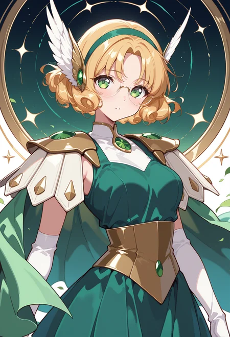 masterpiece, best quality, high quality, anime, solo, <lora:AEFuuillx:1>
AEFuuFinal, green eyes, curly hair, parted bangs, short hair, glasses, rimless eyewear, green hairband, hair ornament, head wings, wing hair ornament, armored dress, green cape, elbow gloves, gem, green dress, green gemstone, pauldrons, sleeveless,white gloves, white footwear,