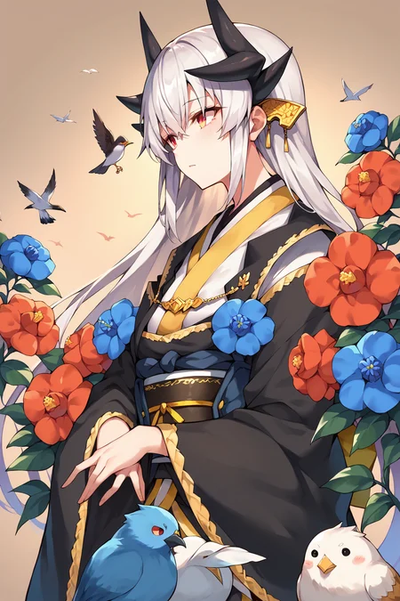 score_9, score_8_up, score_7_up, uncensored, source_anime, 1girl, <lora:spfateKiyohimeXLPony-10:1> kiyober3st, horns, black kimono, wide sleeves, sash, obi, bird, blue flower, brown background, flower, red flower, two-tone background