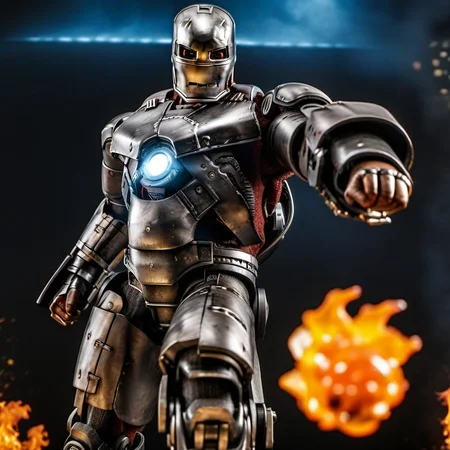 IronManMark1-1024, a robot, +++(full body), flames, desert , detailed eyes, highly detailed , photography, ultra sharp, film, bokeh, professional, 4k <lora:add-detail-xl:1.5> <lora:IronManMark1-1024:0.8>