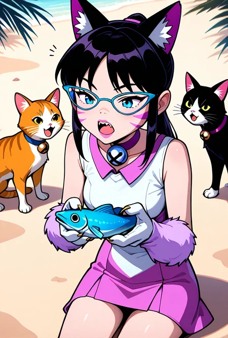 <lora:nyancychan-10:1> nyancychan, black hair, 1girl, long hair, cat ears, purple glasses, blue glasses lens,  claws, gloves, neck bell, purple choker, whisker markings, ponytail, pink pants, short dress, sleeveless, sharp canines, teeth, expressive, facial expression,, open mouth, pink lipstick, holding fish, discarded fishbones, on beach, palm trees, sitting on sand, surrounded by cats,, masterpiece, best quality, amazing quality, very aesthetic, absurdres, newest,