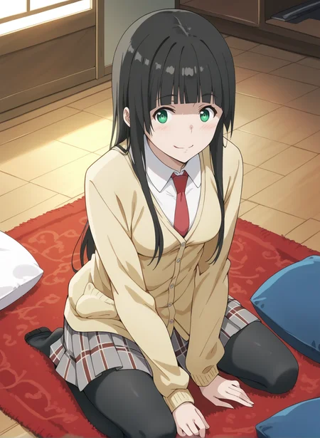 (score_9,score_8_up,score_7_up,source_anime,anime,nsfw,rating_explicit,uncensored),(High quality, Ultra detailed, best quality, insanely detailed, beautiful, masterpiece,perfect lighting) BREAK <lora:kowata_makoto_V1:1>,(kowata_makoto, long hair, black hair, green eyes, blunt bangs, bang, small breasts, school uniform, cardigan, pleated skirt, black pantyhose, red necktie, plaid skirt,grey skirt,white shirt),1girl,solo,kind_smile,kneeling,indoors,cushion,carpet,from_above,full body,looking_at_viewer,
