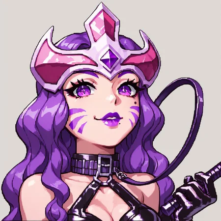 Empress (Magical Drop), dominant and confident, holding a BDSM whip, 1girl, long hair, purple hair, long wavy hair, cute face, pretty, beautiful, perfect hands, latex gloves, belt choker leash, perfect fingers, woman, female, Big Crown on forehead, purple scar markings on cheeks, Belts, Choker Leash, purple markings on cheeks, beauty mark on left cheek, purple lipstick, flawless, 4k Quality, detailed, good art, best quality, detailed face, detailed eyes, highest quality, good anatomy, perfect anatomy, masterpiece, beautiful, insanely detailed, castle prison background, BREAK, score_9, score_8_up, score_7_up, score_6_up