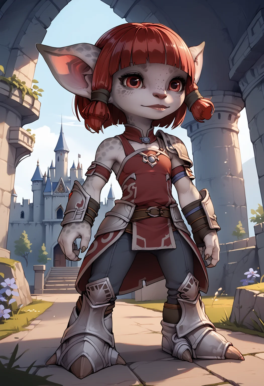 score_9, score_8_up, score_7_up, Asura, female, Guild Wars, grey skin, spots, freckles, red eyes, red hair, short hair, blunt bangs, perky ears, 4 fingers, claws, small body, short, flat-chested,
armor, pants, boots, tunic, 3 toes,
detailed background, castle, fantasy,
<lora:Round_Breasts_XL_XV7:0.8> <lora:AsuraPony_v9d_ngw:0.8>