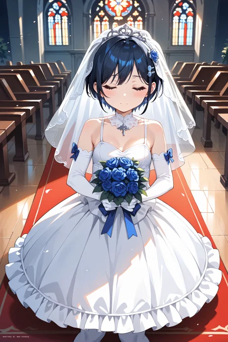 score_max, (score_9, score_8_up, score_7_up:1.2), score_6_up, official art, source_anime,
, masterpiece, absurdres, high detail, 8k,
church, red carpet, pew, god rays, pov, from above,
on floor, holding bouquet, blue rose, looking down, closed eyes, blush,
solo, kaorin, bridal veil, hairclip, wedding dress, white dress, small breasts, elbow gloves, infinity frills,
<lora:XL_Pony_MGCM-kaori-t1:1>