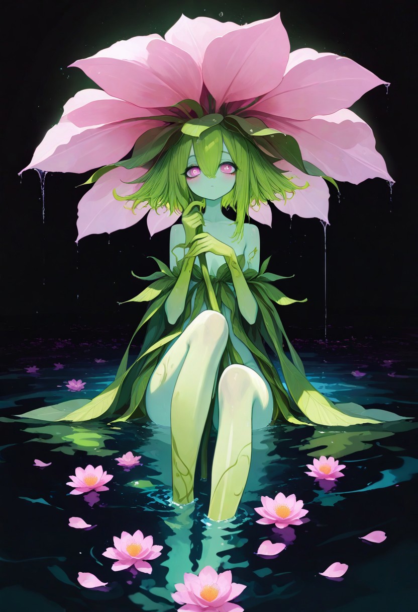 masterpiece, best quality, amazing quality, very aesthetic, absurdres, newest, volumetric lighting, dark background, masterpiece, best quality, amazing quality, very aesthetic, absurdres, newest, volumetric lighting,
BREAK,
nsfw, 1girl, beautiful eyes, big eyes, detailed eyes, detailed pupils, Alraune, colored skin, green skin, plant clothing, large flower, plant around girl, sitting in water, legs submerged, pink petals, holding pink petal umbrella, leaves, green hair, looking at viewer, covered, water, detailed background