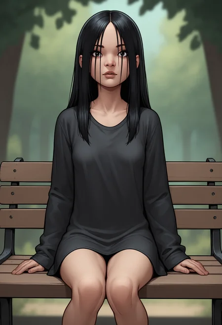score_9, score_8_up, score_7_up, score_6_up, score_5_up, score_4_up, source_western, source_cartoon, 1girl, <lora:TheFemale:0.7> small breasts, black eyes, black hair, long hair, oversized shirt, black shirt, looking at viewer, sitting on bench,
forest background, blurry background,
