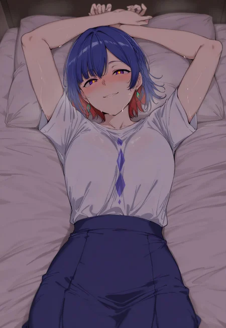 safe_pos, masterpiece, best quality, alp, (((1girl))), solo,

((rim \(kamitsubaki studio\), blue hair, (braid:0.8), colored inner hair, two-tone hair, red hair, short hair, multicolored eyes, yellow pupils, bright pupils, diamond earrings, white shirt, blue skirt, short sleeves))

drunk, heavy blush, suggestive smile, lying on bed, arms up, dynamic pose,

indoors, bedroom background, dark area,