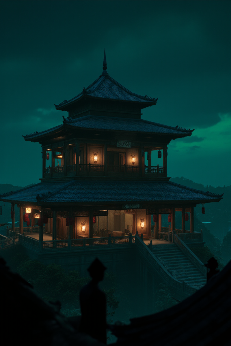 3DGame,The image depicts a traditional Chinese architectural structure,possibly a pagoda or a section of an ancient temple,set against a night sky. The building is characterized by its multi-tiered design,with each level featuring upturned eaves and intricate wooden railings. The roof is covered with blue tiles,which are typical of historical Chinese architecture,and the structure is adorned with red lanterns and banners,adding a festive or ceremonial touch to the scene.,
The color palette is dominated by deep blues and greens,creating a serene and somewhat mystical atmosphere. The lighting is subtle,with the structure itself appearing to be illuminated from within,casting a warm glow that contrasts with the cooler tones of the surrounding environment. This lighting effect enhances the sense of depth and dimension in the image,drawing the viewer's eye towards the building.,
In the foreground,there are silhouettes of other structures,suggesting that this pagoda is part of a larger complex. The perspective is from a high angle,looking down on the pagoda,which gives a sense of scale and grandeur to the building.,
Overall,the image evokes a sense of historical significance and cultural richness,capturing the essence of traditional Chinese architecture and the ambiance of a quiet,reflective moment in a place of historical importance. The attention to detail in the design elements and the careful use of color and light contribute to a visually compelling and evocative scene.,