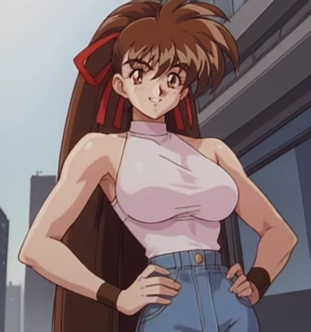 score_9, score_8_up, score_7_up, source_anime, retro style, cowboy shot, dutch angle, 1girl, stand, hands on hips, yuka takeuchi, brown hair, long hair, high ponytail, bangs, brown eyes, slim waist, large breasts, sleeveless light purple top, light blue denim pants, red hair ribbon, wristbands, city sreets background, outdoos, day time, sunset, smile, looking at viewer, nsfw, ecchi, uncesored