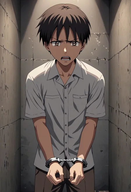 high resolution, solo, best quality, 1Boy, Takaki Toono, Brownish Hair, Brown Eyes, arrested, restrained, struggling, handcuffs, interrogated, interrogation room, OverallDetail