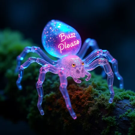 A macro side-profile composition fills the frame of a transparent neon glass crystal murder hornet, entirely hairless, with six intricate legs refracting light. Its elongated abdomen is the focal point, glowing internally with a mesmerizing multicolored fluorescent galaxy of swirling stars and radiant light. The hornet’s translucent body captures and refracts light like a prism, casting vibrant neon hues across its surroundings. Resting delicately on a mossy log with lush green textures, the dark background enhances the ethereal glow of the hornet, creating a stunning contrast. Photorealistic, extremely detailed, focusing on sharp realism and vivid fluorescent colors