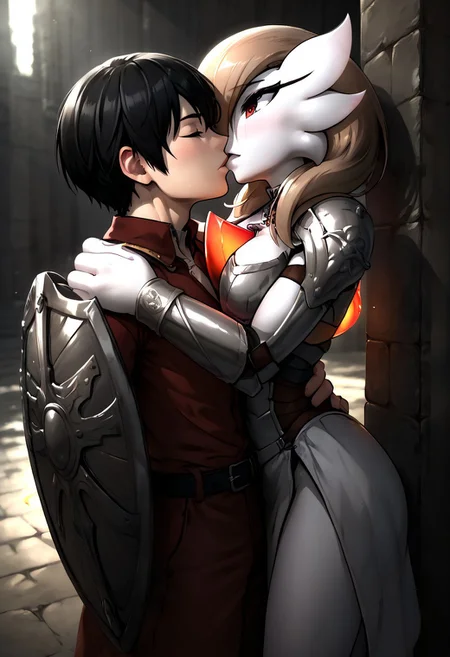 score_9, score_8_up, score_7_up, source_anime, embedding:zPDXL, 1girl, (((gardevoir))), female, anthro, pale white skin, 1boy, male , wearing heavy armor, stoic, muscular, slender, long bangs, black hair, black eyes, standing firm, guarding a gate, shield strapped to forearm, gripping a sword by the grip, fire behind,1boy 1female, hug, lovely kiss, hetero, light brown guy, red hair girl, big boobs