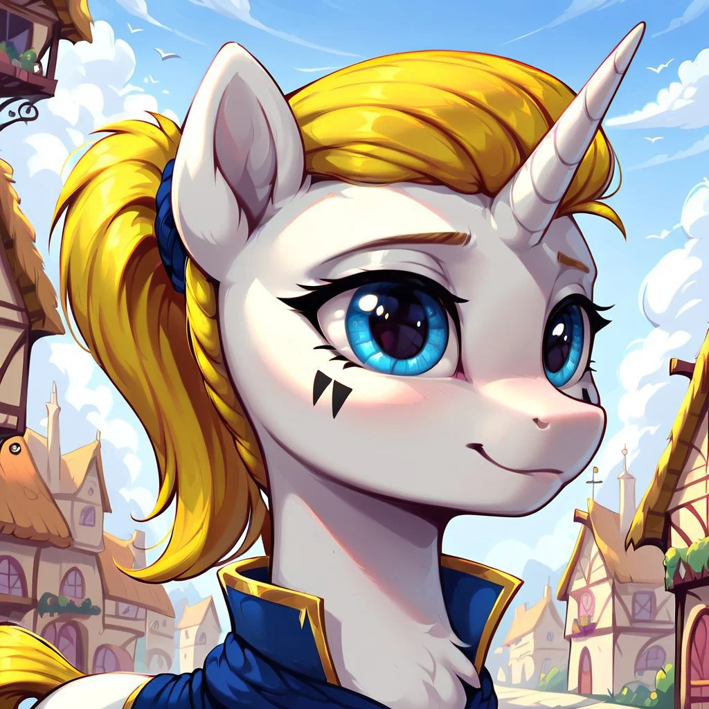 masterpiece, score_9, score_8_up, score_7_up, (best quality:1.1), ultra-detailed, high resolution, solo, Honoria Goldmane, unicorn, pony, feral, mare, white skin, fluffy pony ears, horn, yellow mane, tail, ponytail, feral, female, (((beautiful detailed blue eyes))), (2black triangles on the chee:k1.7), (Triangles on one cheek), (face focus), blue cape, highly detailed macro illustration, smiling, mlp, outside, Highly Visible, (((8k))), sharp focus, perfect lighting, anatomically correct, extremely detailed, shine on body, (Pony town), high detail, cute face, Expressiveh, detailed background, OverallDetail, zPDXL2,