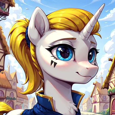 masterpiece, score_9, score_8_up, score_7_up, (best quality:1.1), ultra-detailed, high resolution, solo, Honoria Goldmane, unicorn, pony, feral, mare, white skin, fluffy pony ears, horn, yellow mane, tail, ponytail, feral, female, (((beautiful detailed blue eyes))), (2black triangles on the chee:k1.7), (Triangles on one cheek), (face focus), blue cape, highly detailed macro illustration, smiling, mlp, outside, Highly Visible, (((8k))), sharp focus, perfect lighting, anatomically correct, extremely detailed, shine on body, (Pony town), high detail, cute face, Expressiveh, detailed background, OverallDetail, zPDXL2,