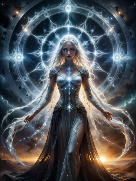 <loractl:envybetterhiresfixxl01-xl:0.0:hr=1.0> <lora:add-detail-xl:2.4> <lora:xl_more_art-full-xl:0.6> <lora:lyco-style-envydramaticlightingxl01_digital_art-xl:0.4> <lora:rmsdxl_enhance-xl-by_rmada:2.0> <lora:envyzoomsliderxl01-xl:-0.6> <lora:style-cosmic_nebula-xl-by_martius72:0.8> <lora:hands-xl-v2.1-by_vantablackdark:0.8> famous artwork by (mikalojus ciurlionis:1.3) and (luis royo:1.2), martius_nebula, movie poster style, solo, (glowing silver eyes, expressive eyes:1.2), perfect hands, celtic knotwork, the beautiful mysterious celtic goddess arianrhod, white hair, ethereal, regal white and silver gown, hazy ground, creeping fog, at night, goddess of the moon, silver, and the wheel, representing cycles, time, and fate, spinning the threads of fate from cosmic energy, starlit sky, (vertical symmetry:1.28), ultra detailed