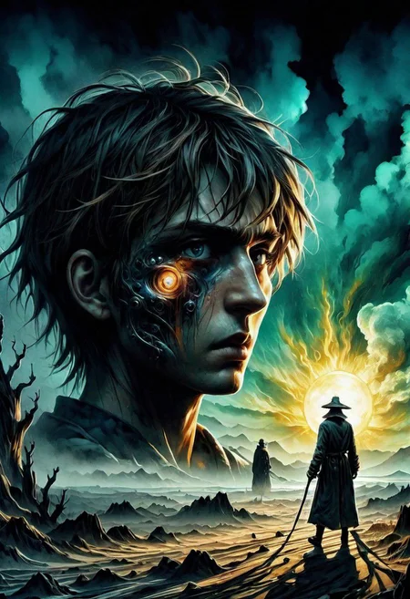 Vintage, manga art, realism watercolor, alcohol ink, eye-catching, artistic, ominous colors, masterful shadows, detailed mysterious landscape background, hyper-realistic, | anime style character, carefully detailed facial features, night, haze, perfect composition, epic, rtx on, UHD, 32K leica, 8k